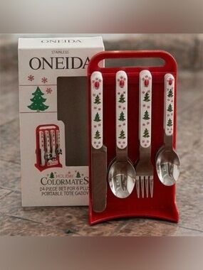 Vtg Oneida Holiday Colormates 24-piece stainless steel flatware set w/rack 1987